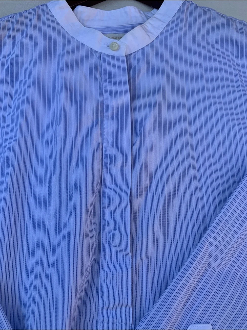 ANN MASHBURN Light Blue Pinstripe Grandad-Collar Shirt with White Accents